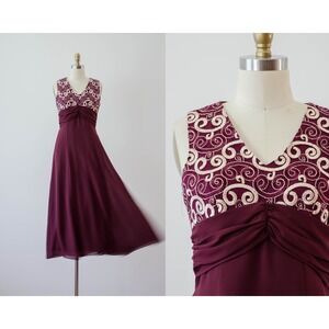90s y2k vintage dark red burgundy gold embroidered bridesmaid‎ dress gown